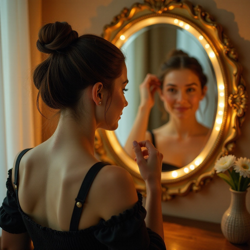 Girl creating a braided bun hairstyle.