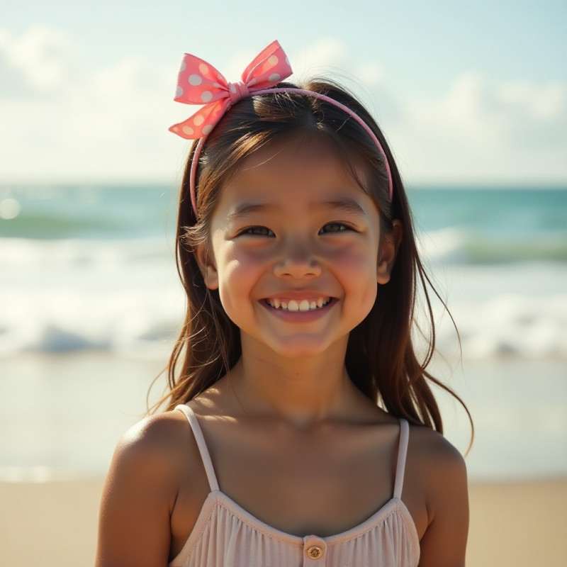 Girl displaying hair accessories for beach waves.