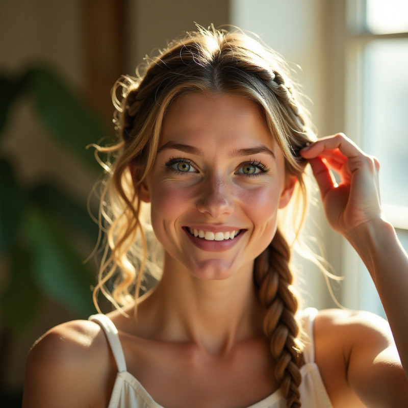 Girl focusing on her Dutch braid hairstyle.