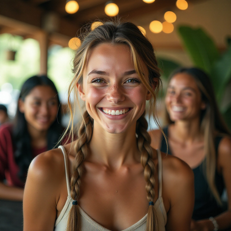 Girl showcasing her rope braid hairstyle with friends.