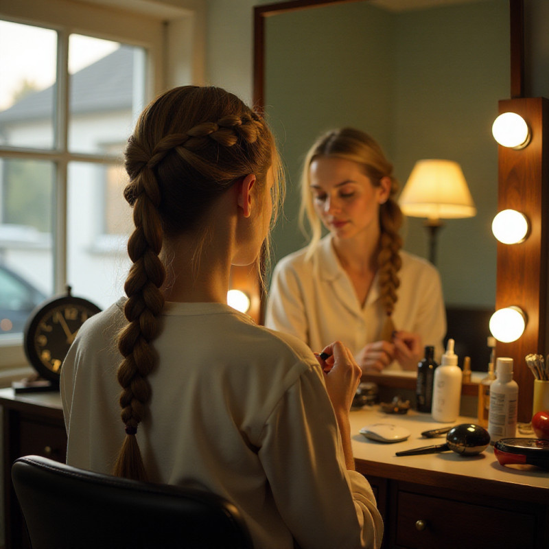 Girl styling her hair into a herringbone braid.