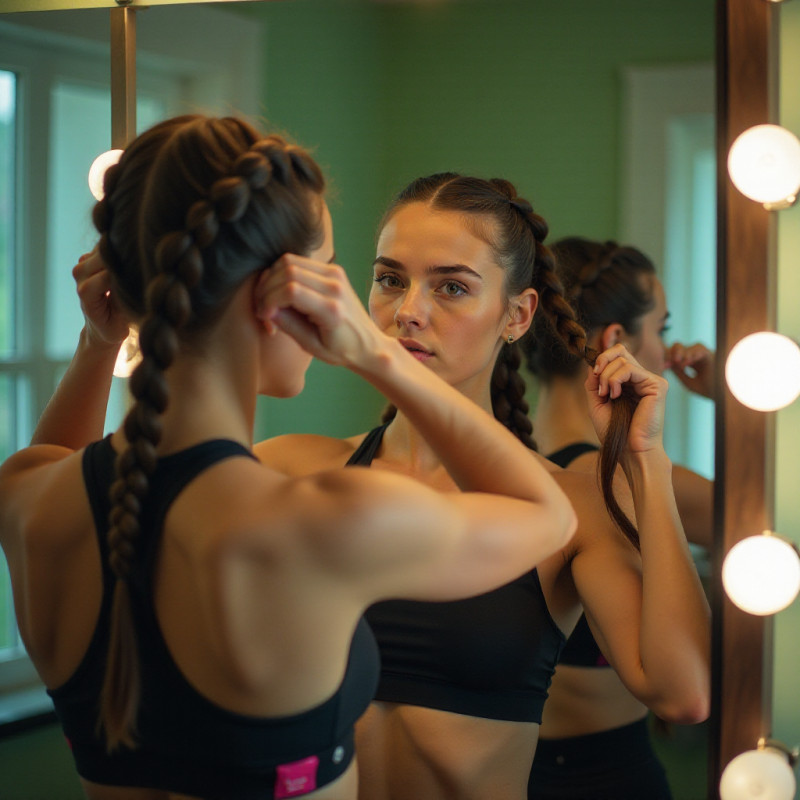 Girl styling her hair into boxer braids.