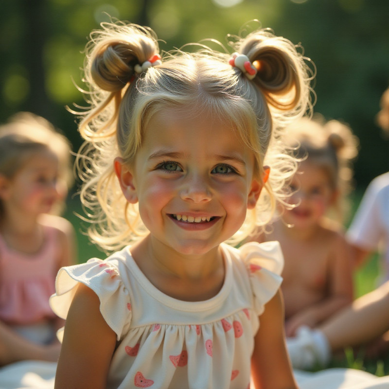 Girl with a bubble ponytail at a summer picnic.