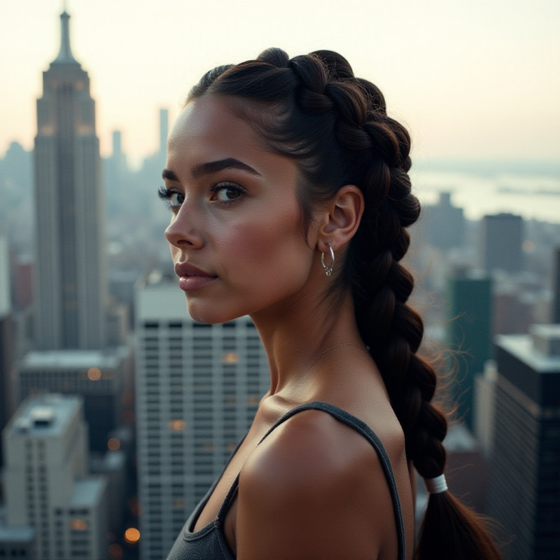 Girl with a chunky braid hairstyle in the city.