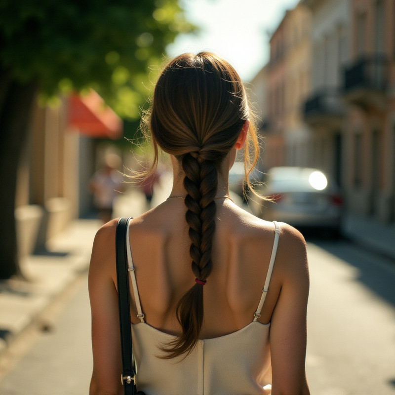 Girl with a half-up braid walking on the street.