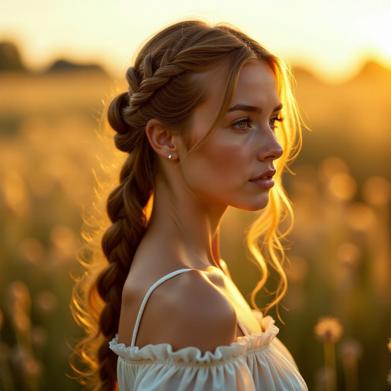 Girl with a halo braid in a field.