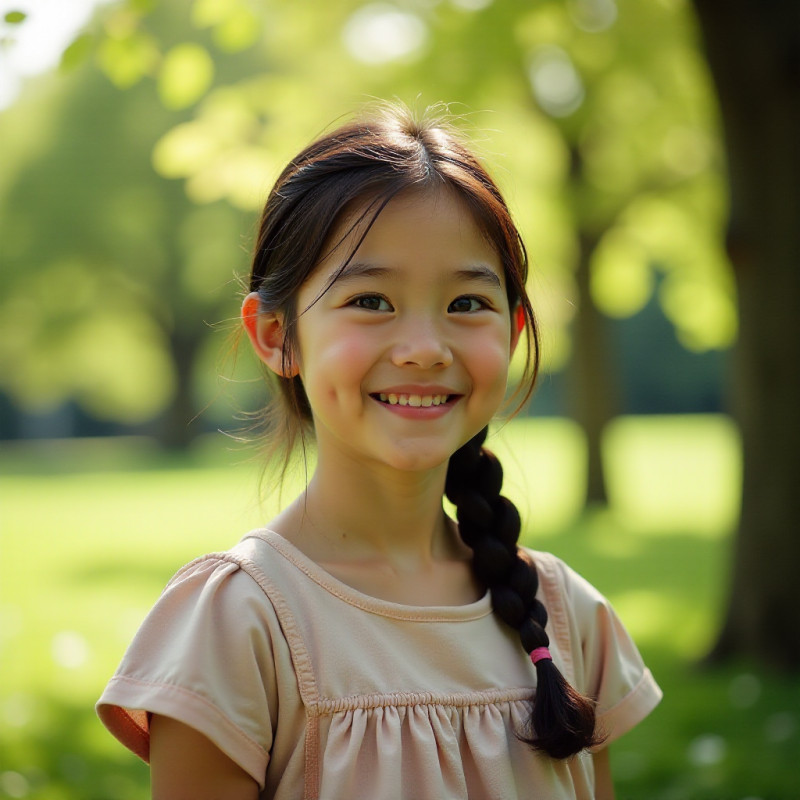 Girl with a side braid hairstyle in a park.