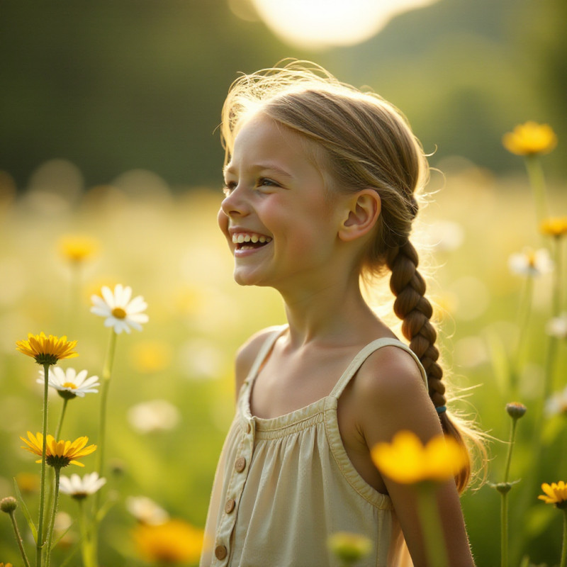 Girl with a side braid in a meadow full of flowers.