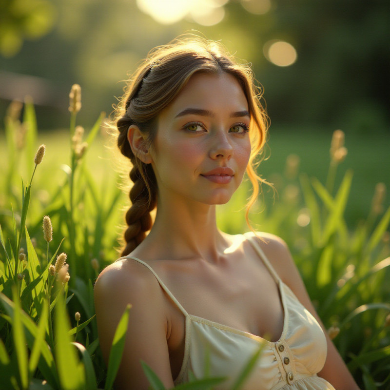 Girl with a twisted braid hairstyle in a garden.