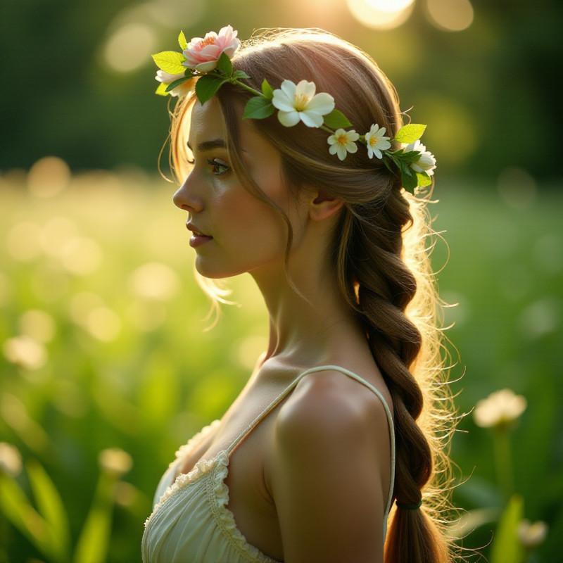 Girl with a waterfall braid and floral crown.