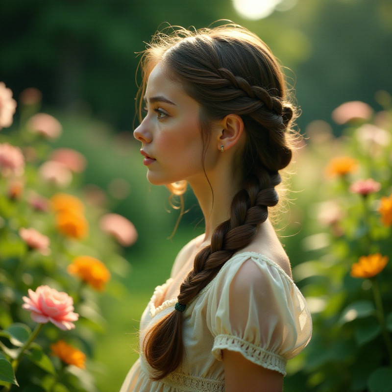 Girl with an infinity braid hairstyle surrounded by flowers.