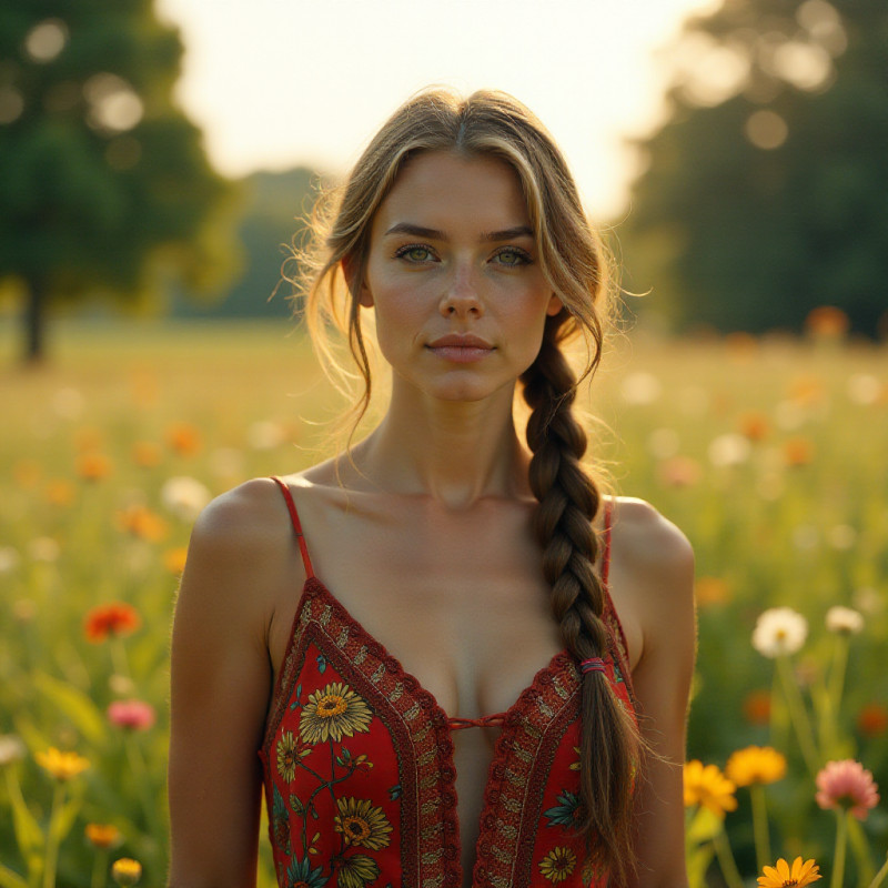 Girl with braided waves in a colorful outfit in a field.