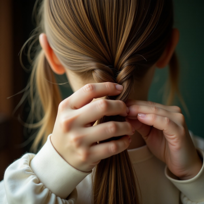 Girl's hands braiding hair into a fishtail braid.