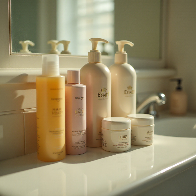 Hair care products on a bathroom counter.