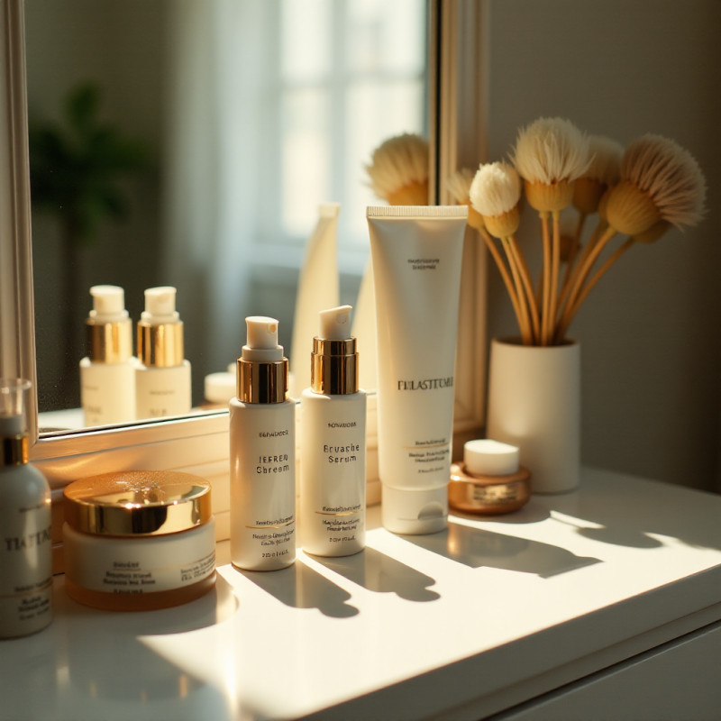 Hair styling products on a vanity.