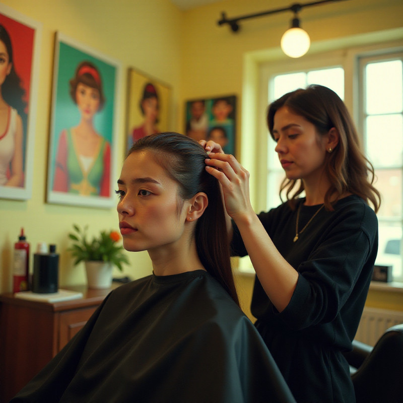 Hair stylist trimming hair in a salon.