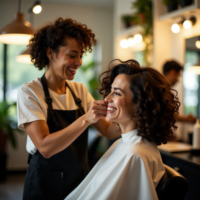 Hairdresser trimming curly hair in a bright salon.