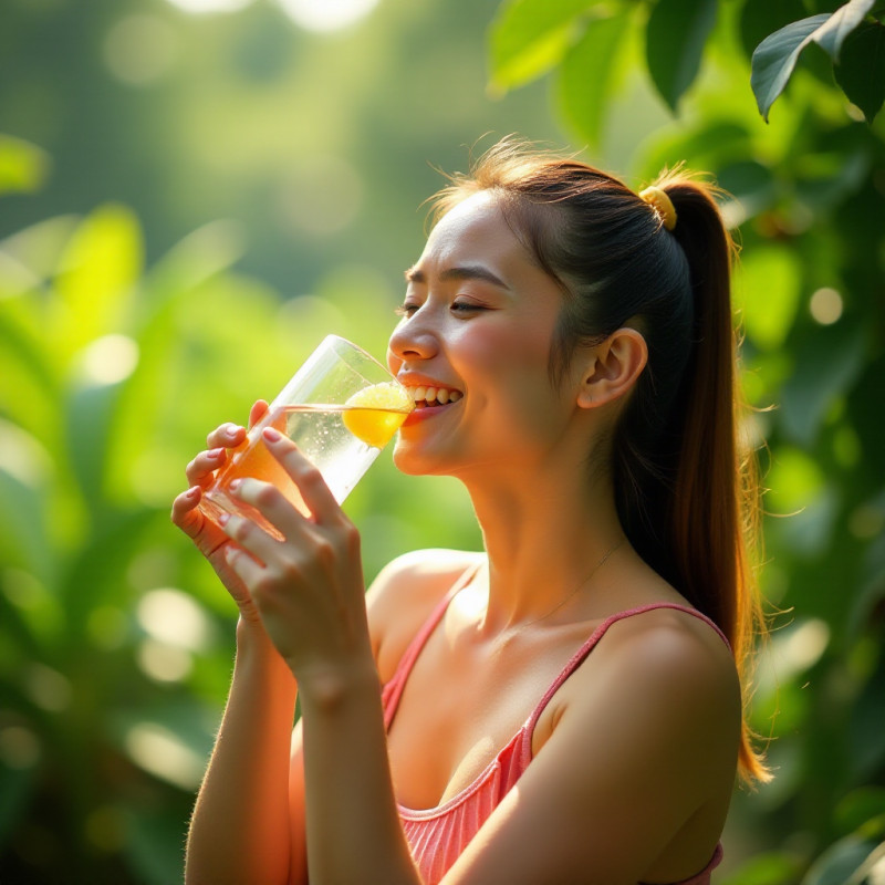 Happy person drinking water among fresh fruits.