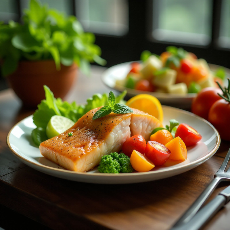 Healthy foods arranged on a table.