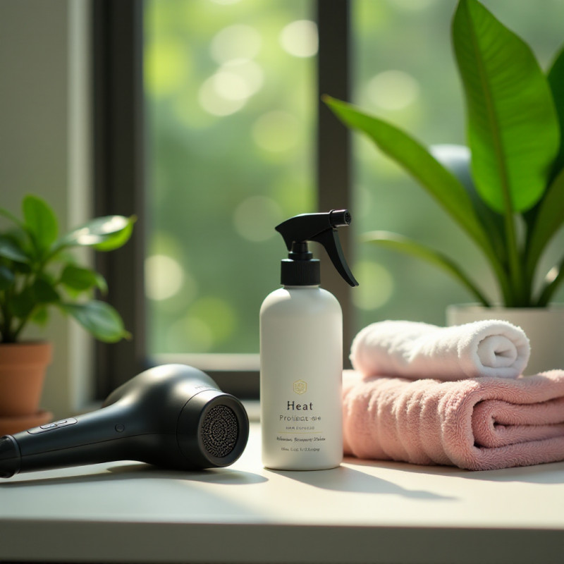 Heat protectant spray next to a hairdryer.