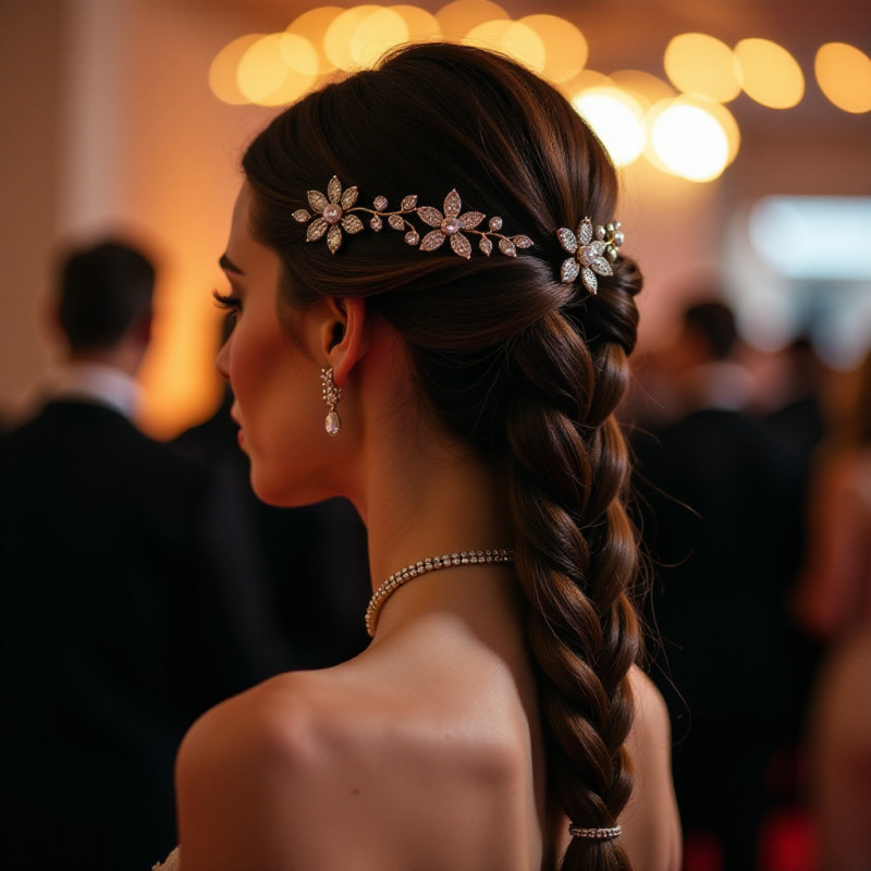 Model showcasing a fishtail braid with accessories at a formal event.