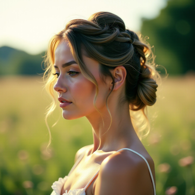 Model with half-up messy bun and braids.