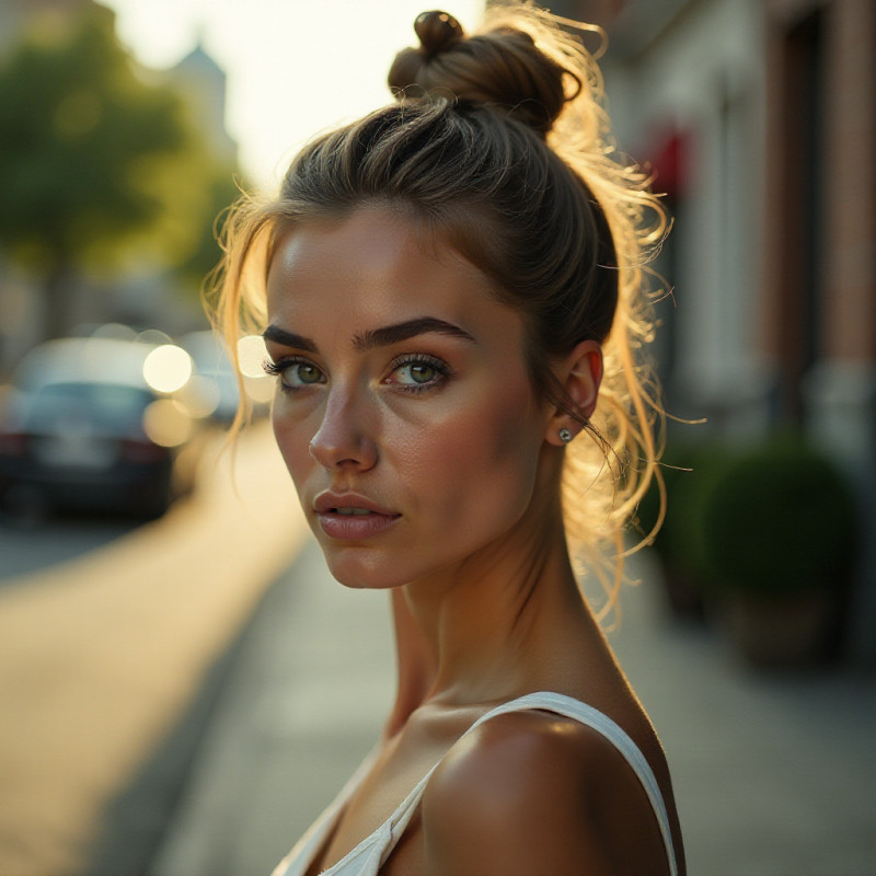 Model with messy bun and natural makeup.