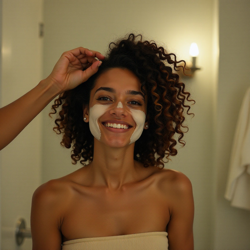 Person applying a hair mask in the bathroom.