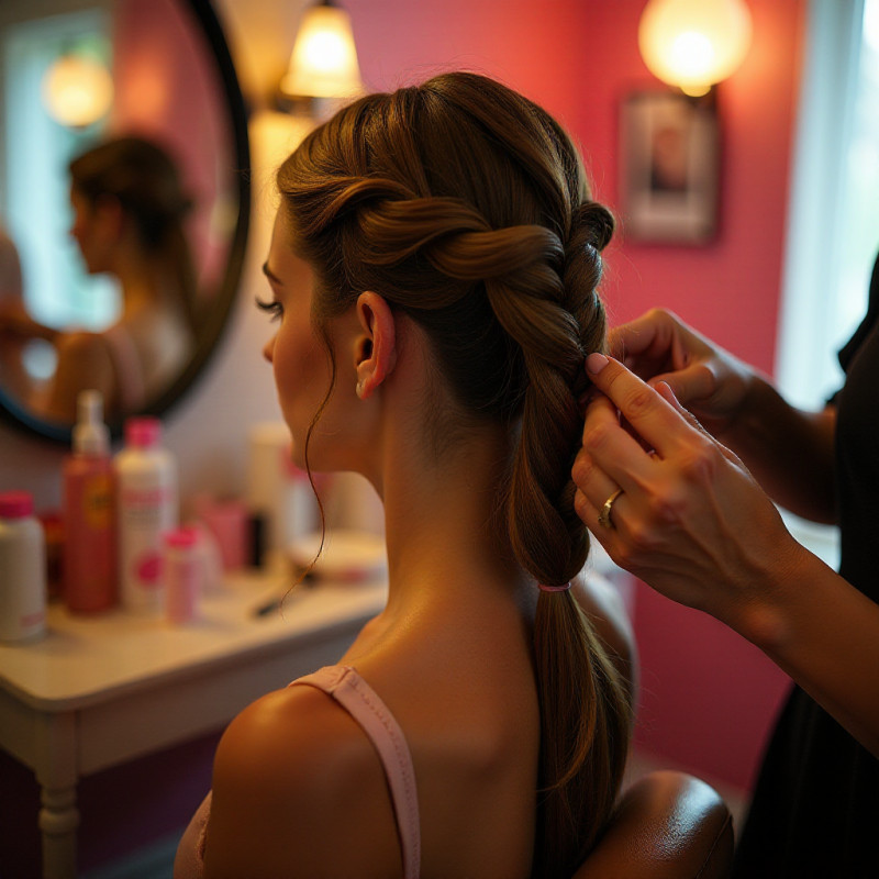 Person applying hair extensions for a fishtail braid.