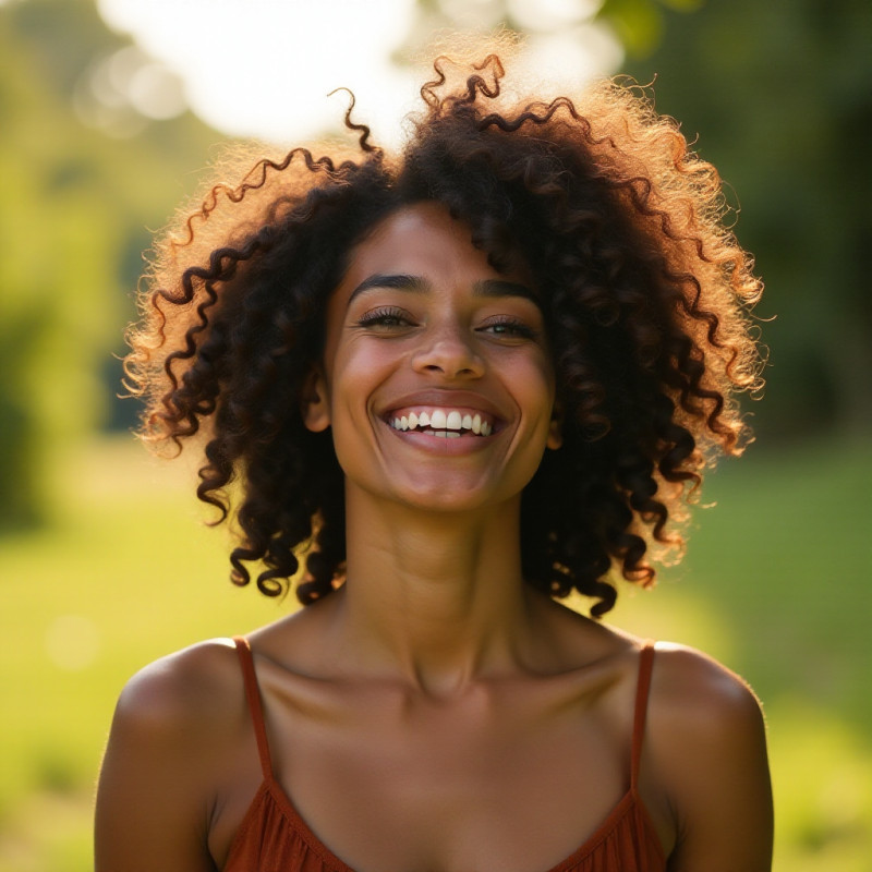 Person joyfully showcasing natural curls outdoors.