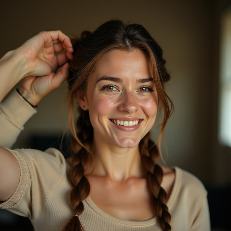 Person styling hair into a fishtail braid on a bad hair day.