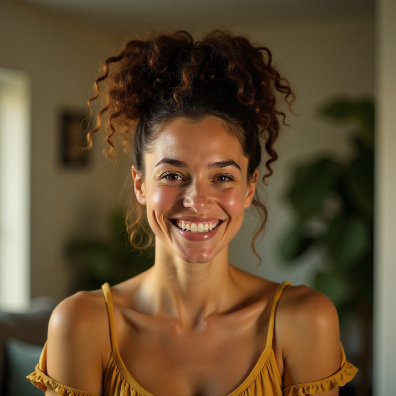 Person with curls styled in a pineapple on top of their head.