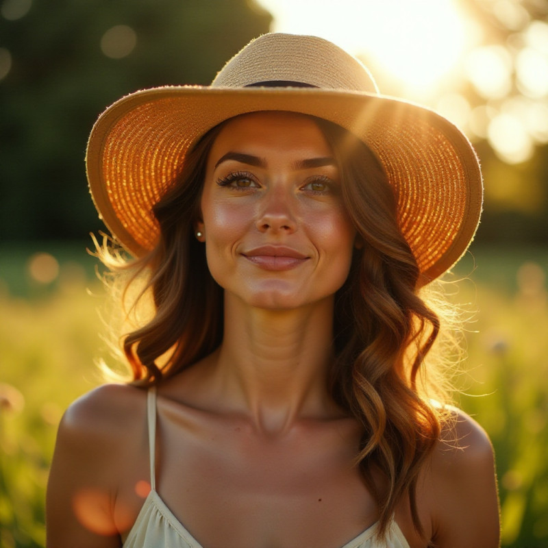 Person with curls wearing a hat in the sun.