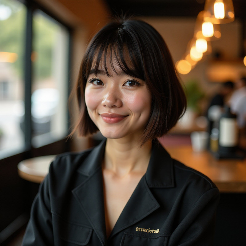 Person with short straight hair in a café.