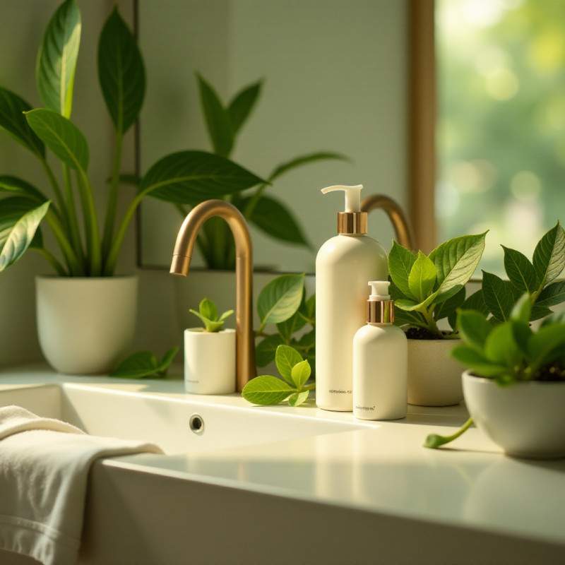 Rich conditioner and leave-in products on a bathroom counter.