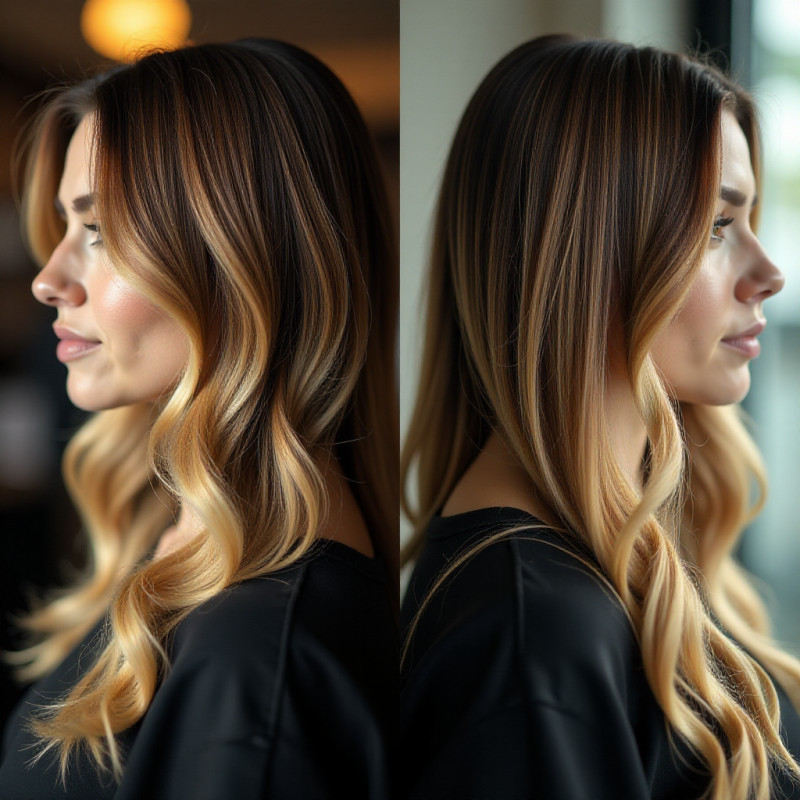 Side comparison of balayage and traditional highlights.