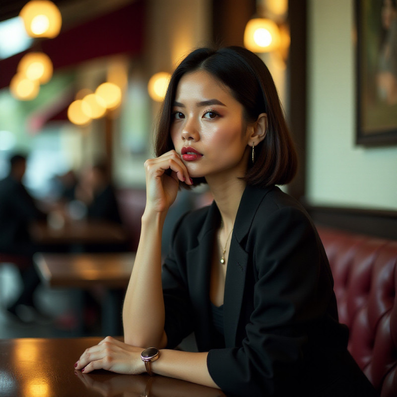 Sophisticated woman with straight short hair at a café.