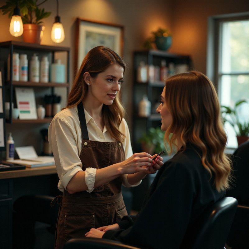 Stylist advising client on color balance for balayage.