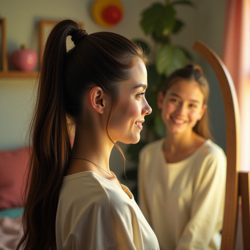 Teen girl styling a classic high ponytail in a bedroom.