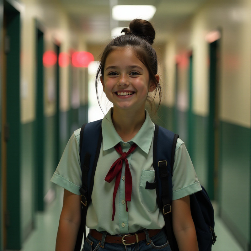 Teenager with messy bun wearing a school uniform.