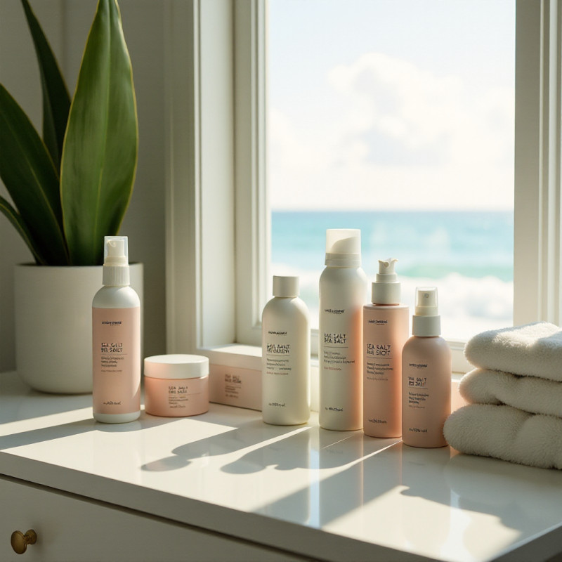 Vanity table with hair products for beach waves.