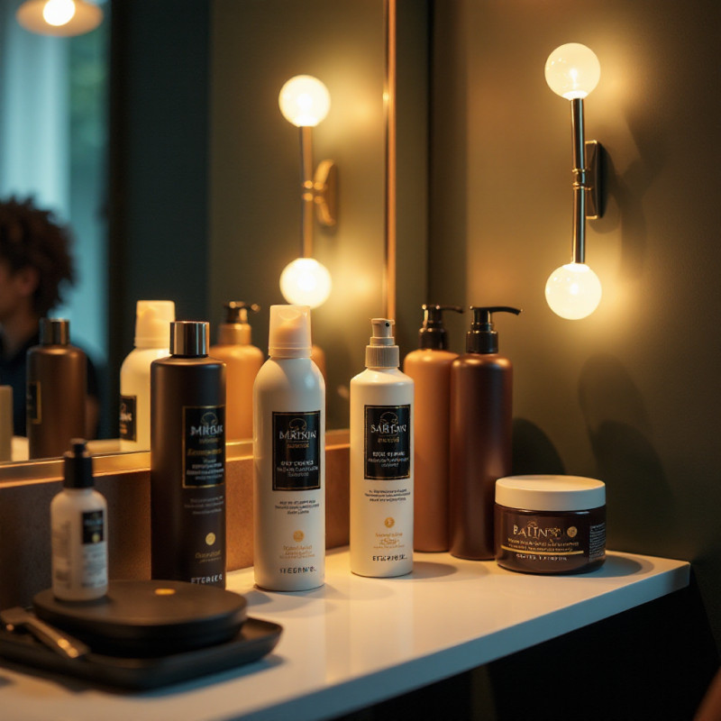 Various styling products for curly hair on display.