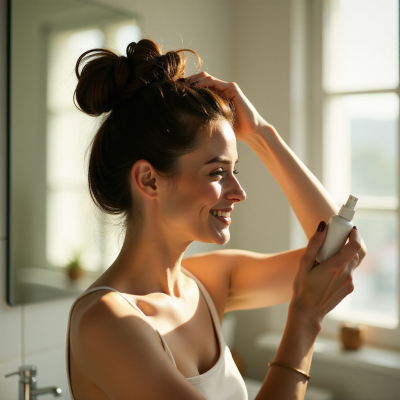 Woman applying hair care products.