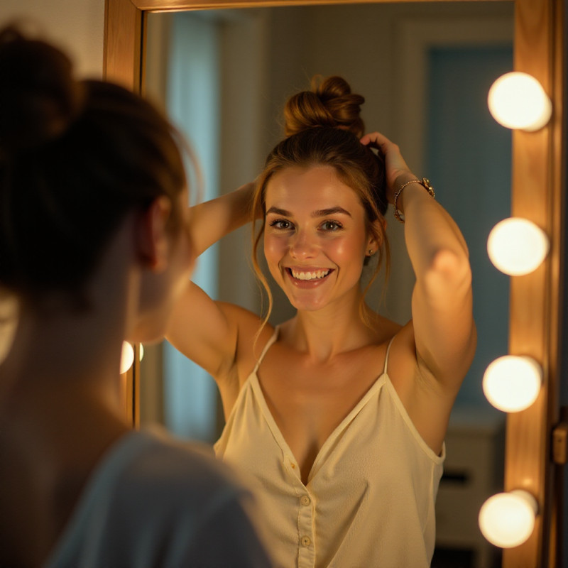 Woman quickly styling a messy bun in her bedroom.