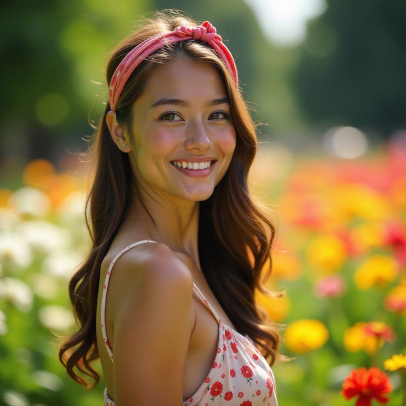 Woman wearing a colorful headband in a garden.