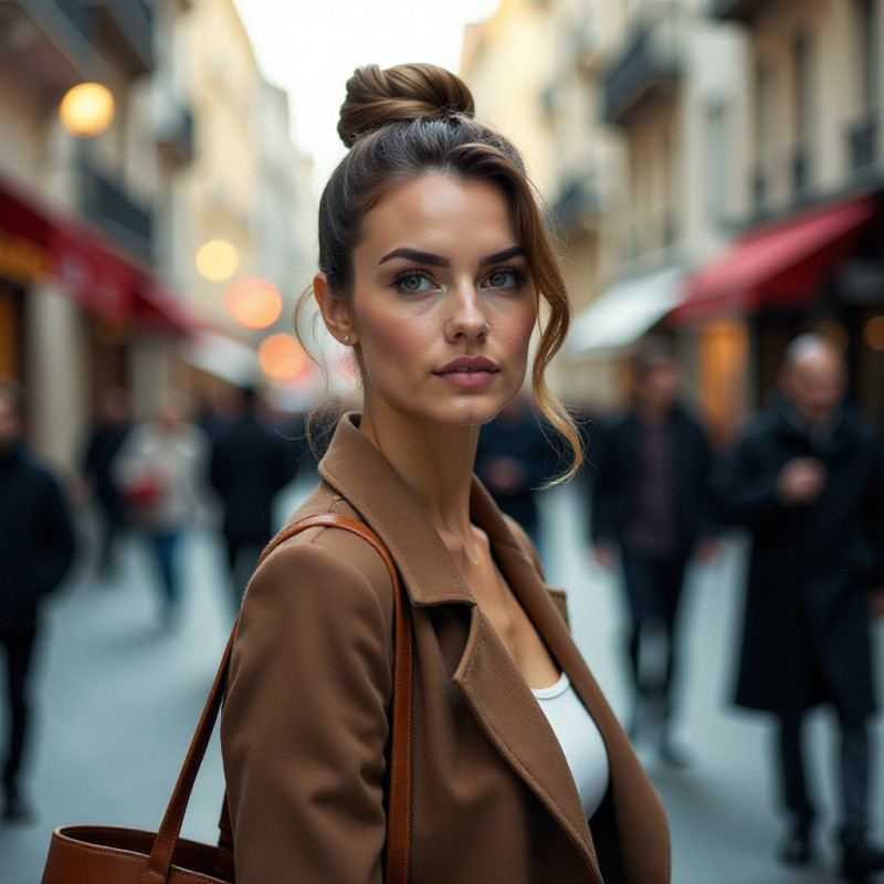 Woman with a French twist hairstyle in a city.