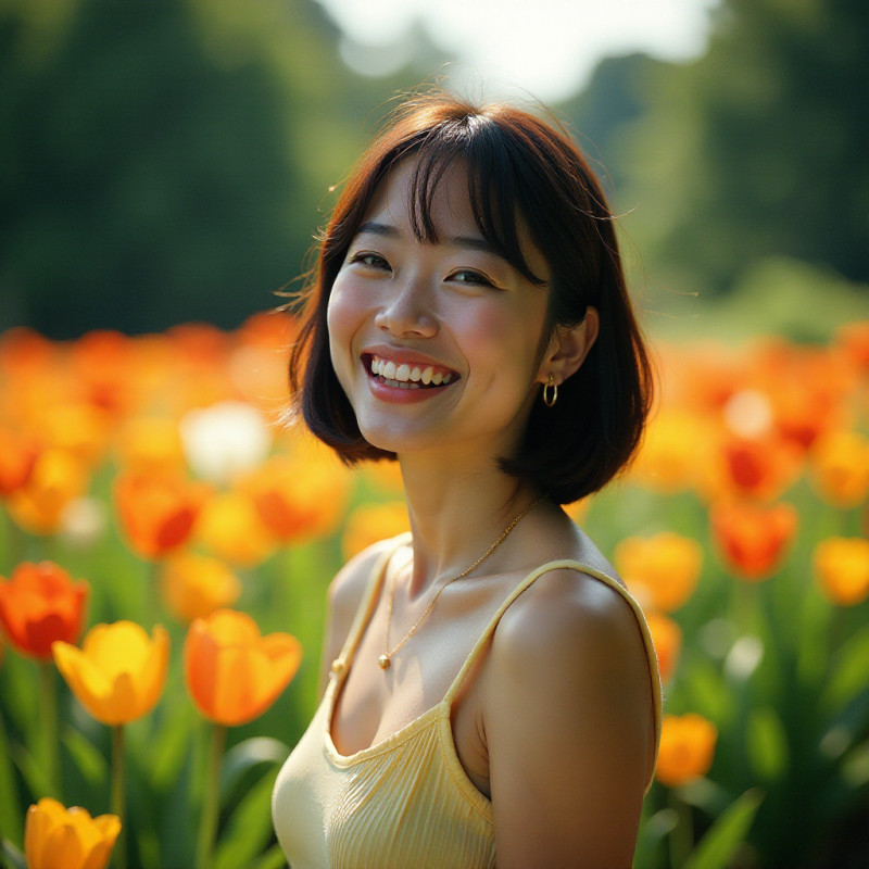 Woman with a bob hairstyle and soft bangs in a flower garden.