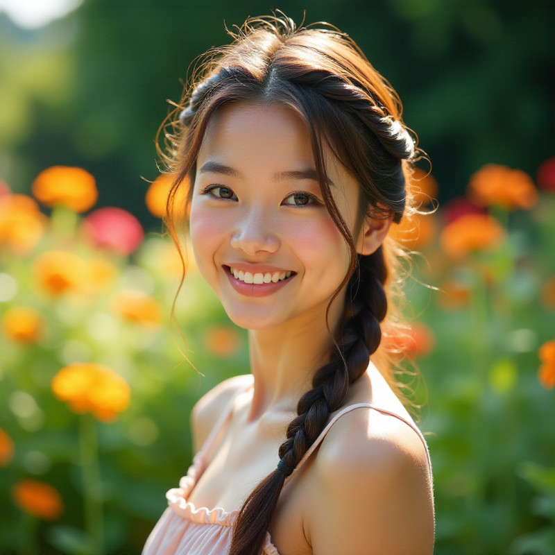 Woman with a braided half-up hairstyle in a garden.