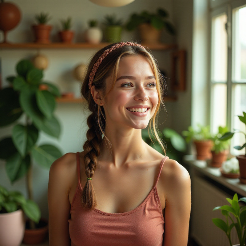 Woman with a braided headband in a colorful room.