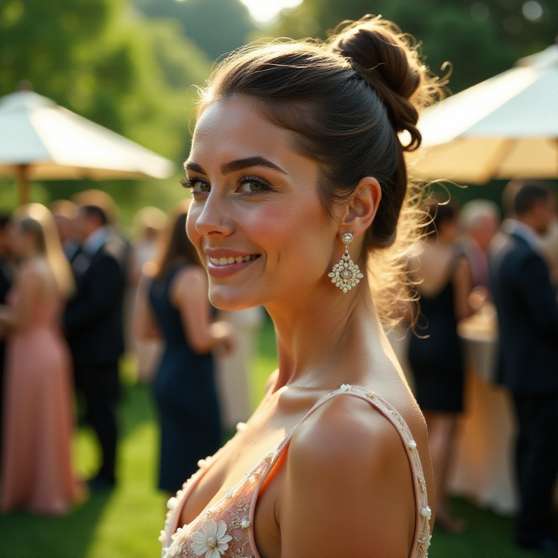 Woman with a chignon hairstyle at a formal gathering.